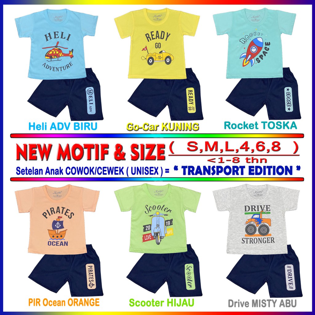 KELFI SETELAN KOMBINASI / SET BAJU ANAK UNISEX COWOK/CEWEK USIA 1- 8 TAHUN "TRANSPORT EDITION"