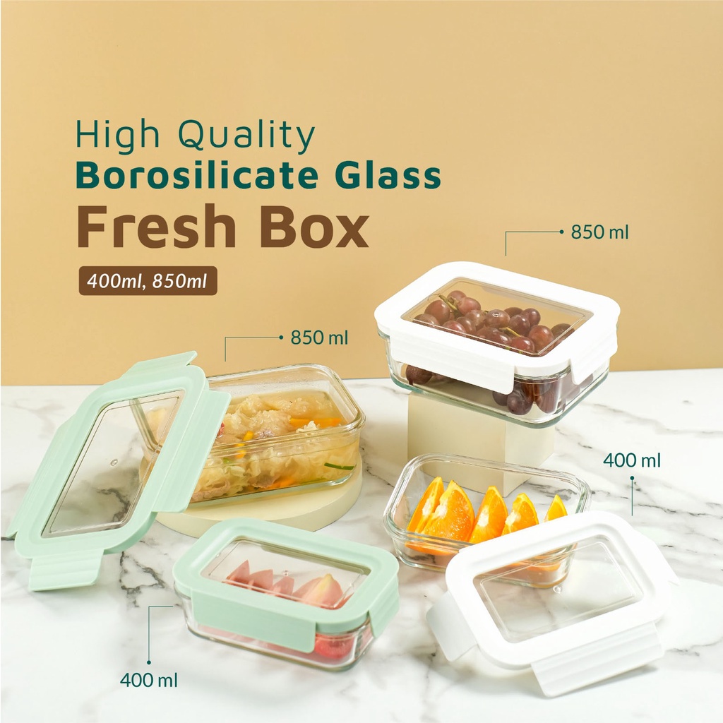 Kotak Tempat Makan Kaca Glass Food Container Kedap Udara & Tahan Panas Dingin 400 ml & 850 ml