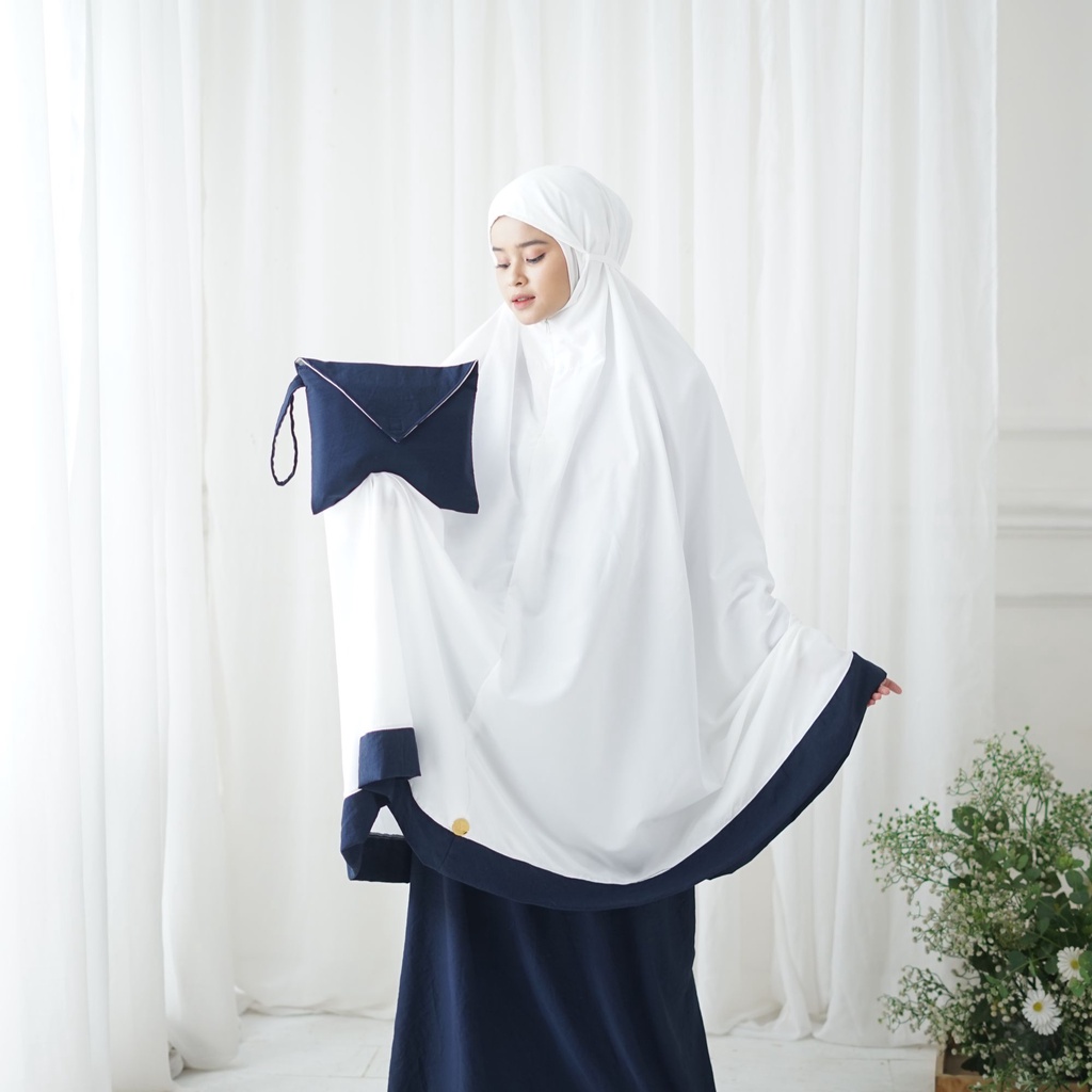 Mukena Santri Gontor - Saudah Series Putih Navy / Mukena Polos Santriwati Gontor / Mukena Pondok Pesantren