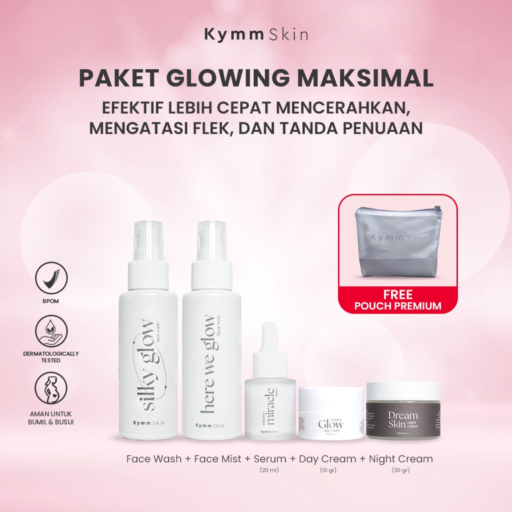 KYMM SKIN 5pcs + Pouch Paket Lengkap Glowing - (Face Wash, Face Mist, Bakuchiol Serum 20ml, Day Cream 10gr, Night Cream)
