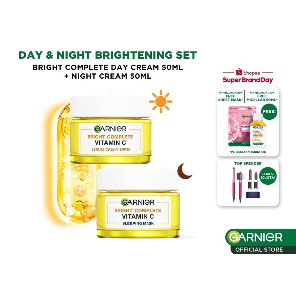 Paket Skincare Garnier Bright Complete Vitamin C Simple Set - Krim Pagi & Krim Malam Mencerahkan (Day Cream 50 ml + Nigh