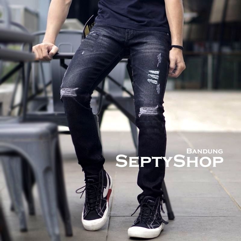 Celana Jeans Pria BLACK EDITIONS MANROCK™ DN1161 Stretch Long Pant Men, Celana Jeans Sobek Ripped Pria