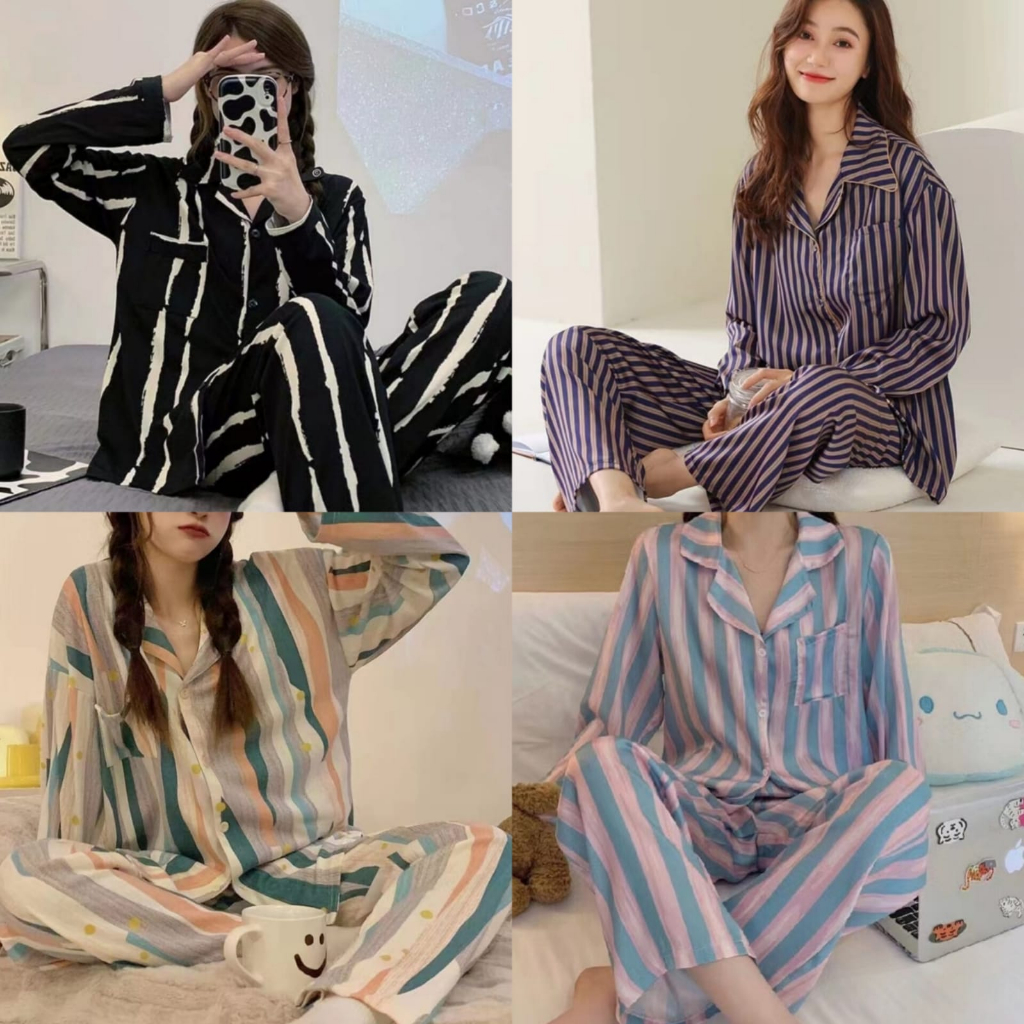 SETELAN BAJU TIDUR PIYAMA IMPORT WANITA KOREA LENGAN PANJANG CELANA PANJANG