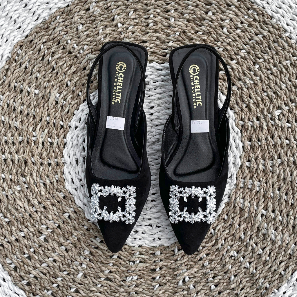 GALAXY Sepatu Flat Slip On Mules Wanita Hak Tahu 2cm Terbaru|Sepatu Pesta Wanita Casual Manik-Manik Blink ZR 044