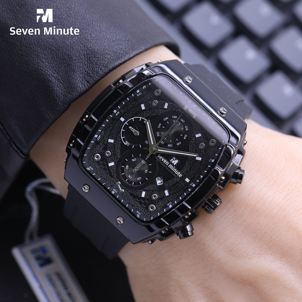 SEVEN MINUTE M723 Jam tangan pria balok silver rubber tanggal  watches original