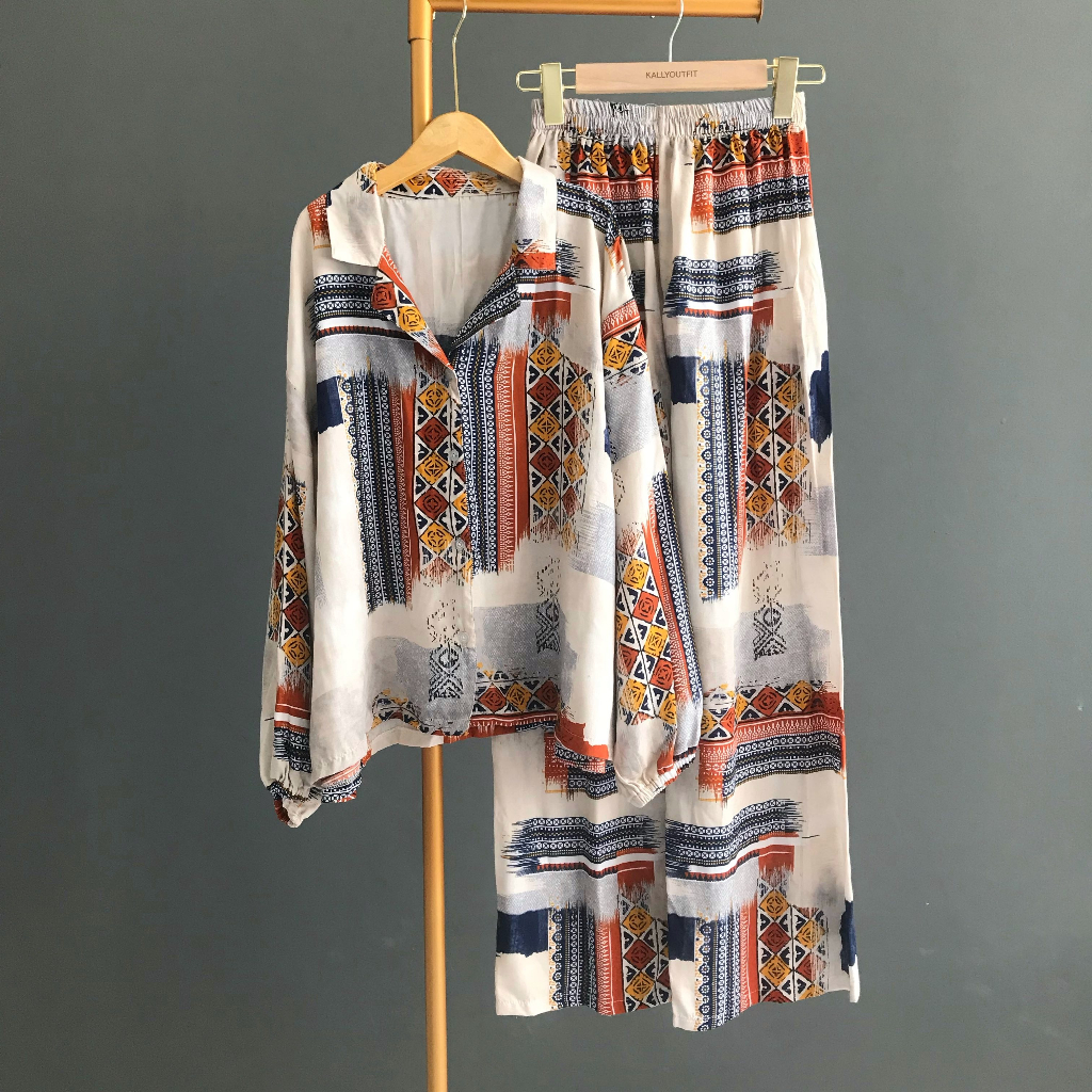 SET KEMEJA CELANA KALLYOUTFIT SETELAN BAJU KEMEJA DAN CELANA ONE SET RAYON