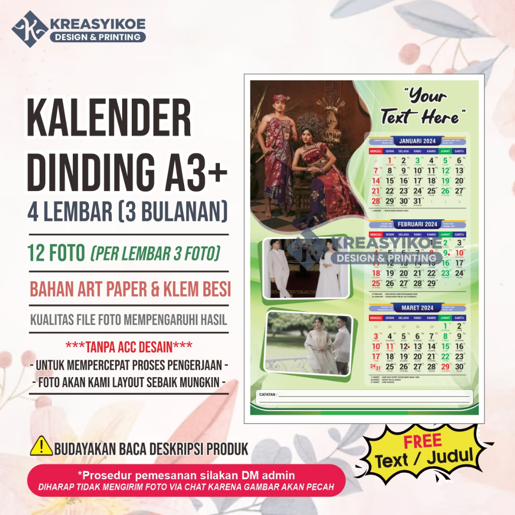 Kalender Dinding 2024 Custom Foto A3+ 3 BULAN 4 LEMBAR ART PAPER JILID KLEM