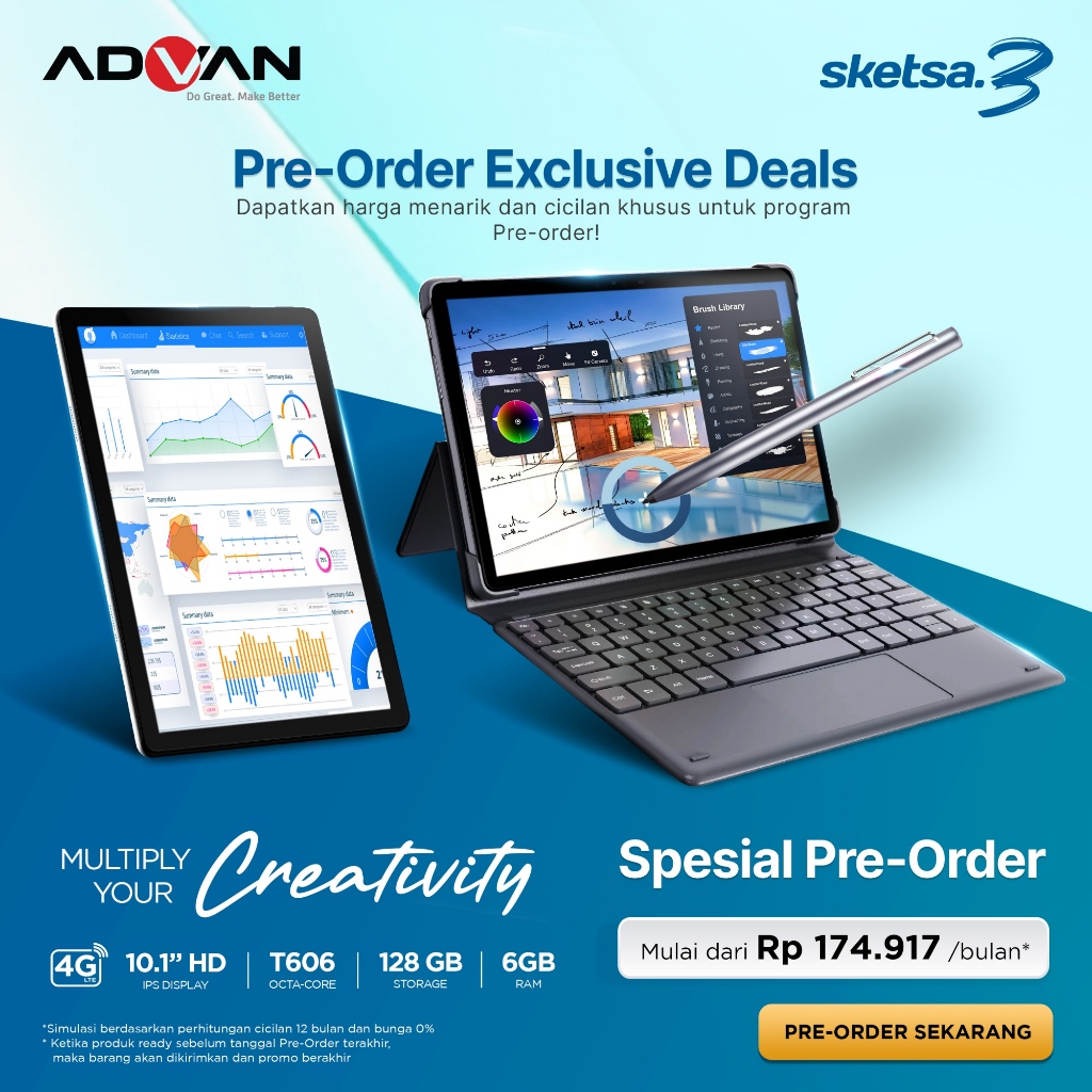 Advan Tab Sketsa 3 Layar 10.1” HD IPS  128GB+RAM 6GB Tiger T606 Android 13 Dual Sim Card Free Keyboard & Stylus Pen