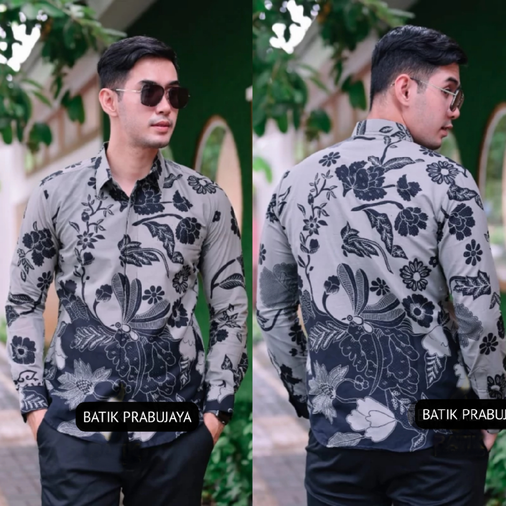 BUNGA ABU Kemeja Batik Pria Modern Lengan Panjang Full Furing Katun Halus Solo - Baju Batik Pria Seragam Kerja Kantor