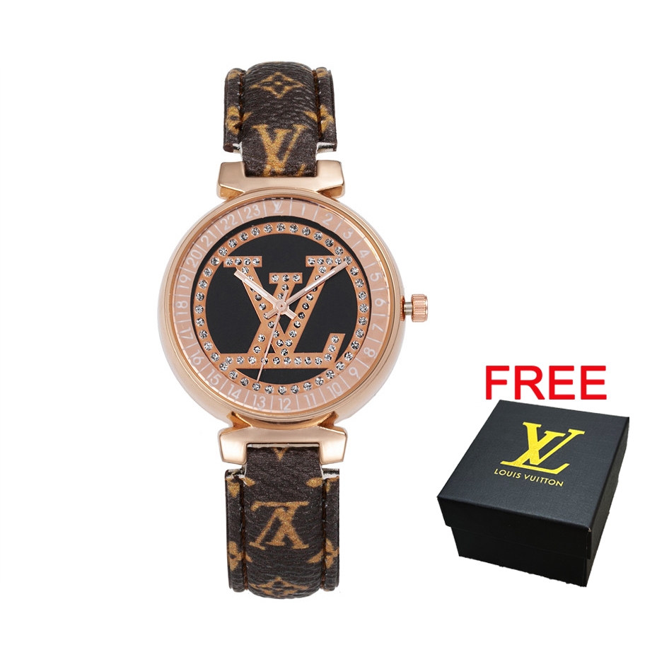 【KOTAK LV GRATIS】LV Jam Tangan Wanita Kulit Emas Jam Tangan Vintage Fashion Kasual