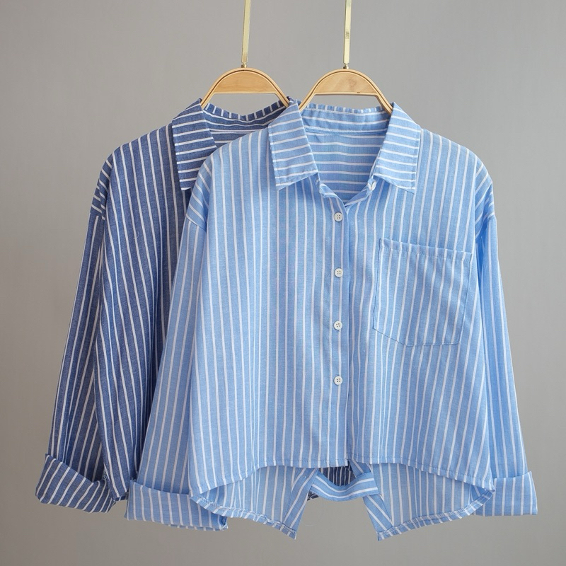 Kemeja Crop Top Korean Style / Blouse Kemeja Crop Wanita Casual P34 salur