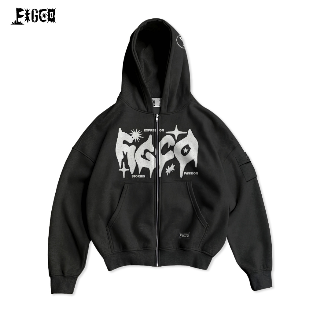 Figco - Hoodie Boxy Zipper Pocket Hitam Aura Black