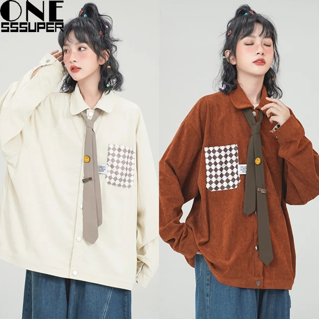 kemeja korduroi lengan panjang kemeja kontras warna retro Atasan kasual dasi wanita gaya korea