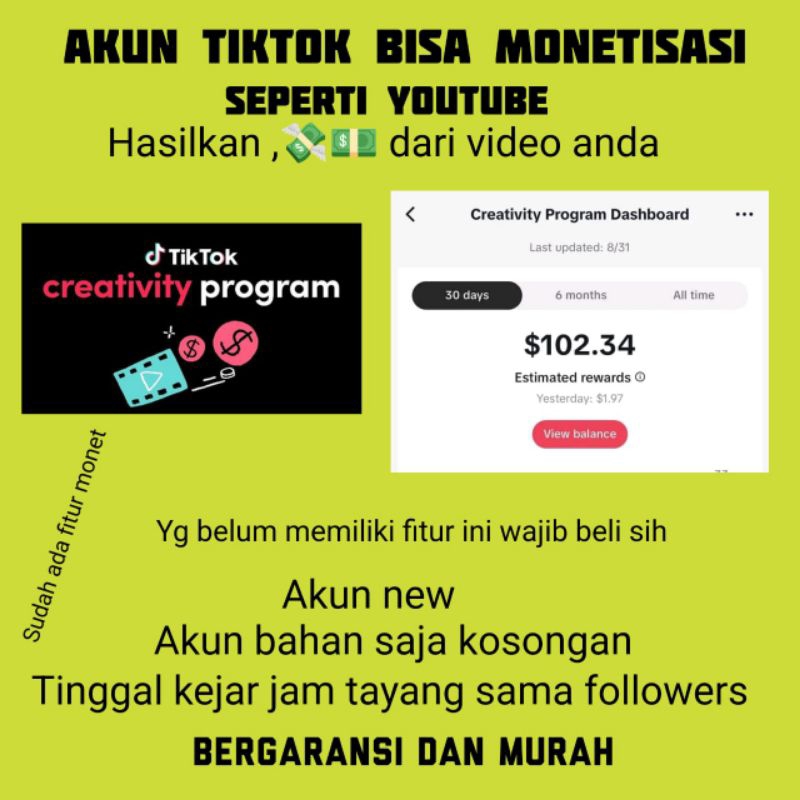 ready akun tiktok fitur monetisasi creativity program Beta murah