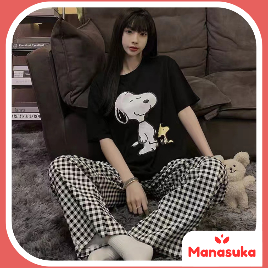 MS Baju tidur wanita setelan piyama lengan pendek celana panjang motif karakter kartun lucu bahan katun kaos lembut  ko