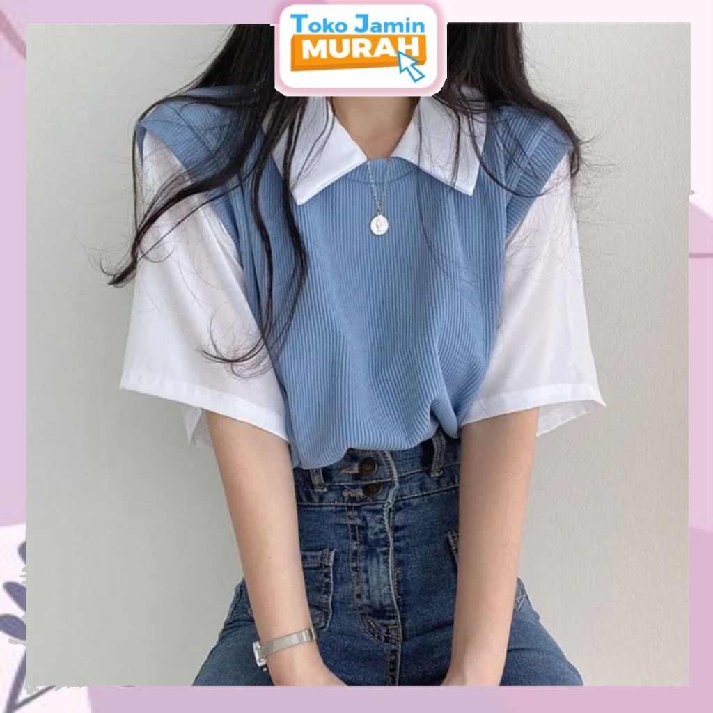 TJM BJ443 Atasan Wanita Korea Kerah Polo Blouse Woman Loose Casual Versatile Top