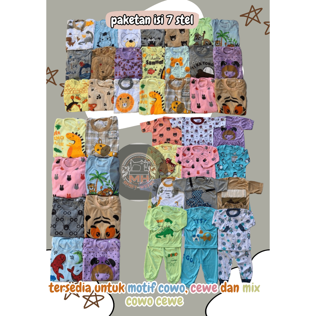 isi 7 pcs setelan baju anak 3-18 bulan laki laki perempuan motif dan warna random