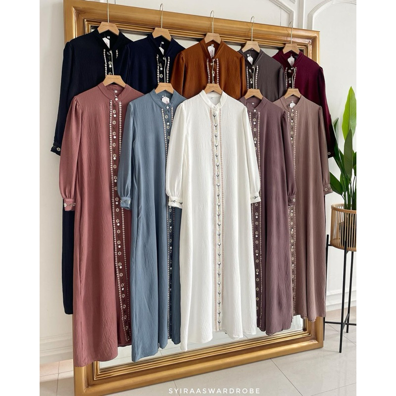 Tania Dress - Dress Wanita Crinkle Lebaran - Dress Busui Kancing Bordir Lengan Panjang -  Gamis muslim Terbaru
