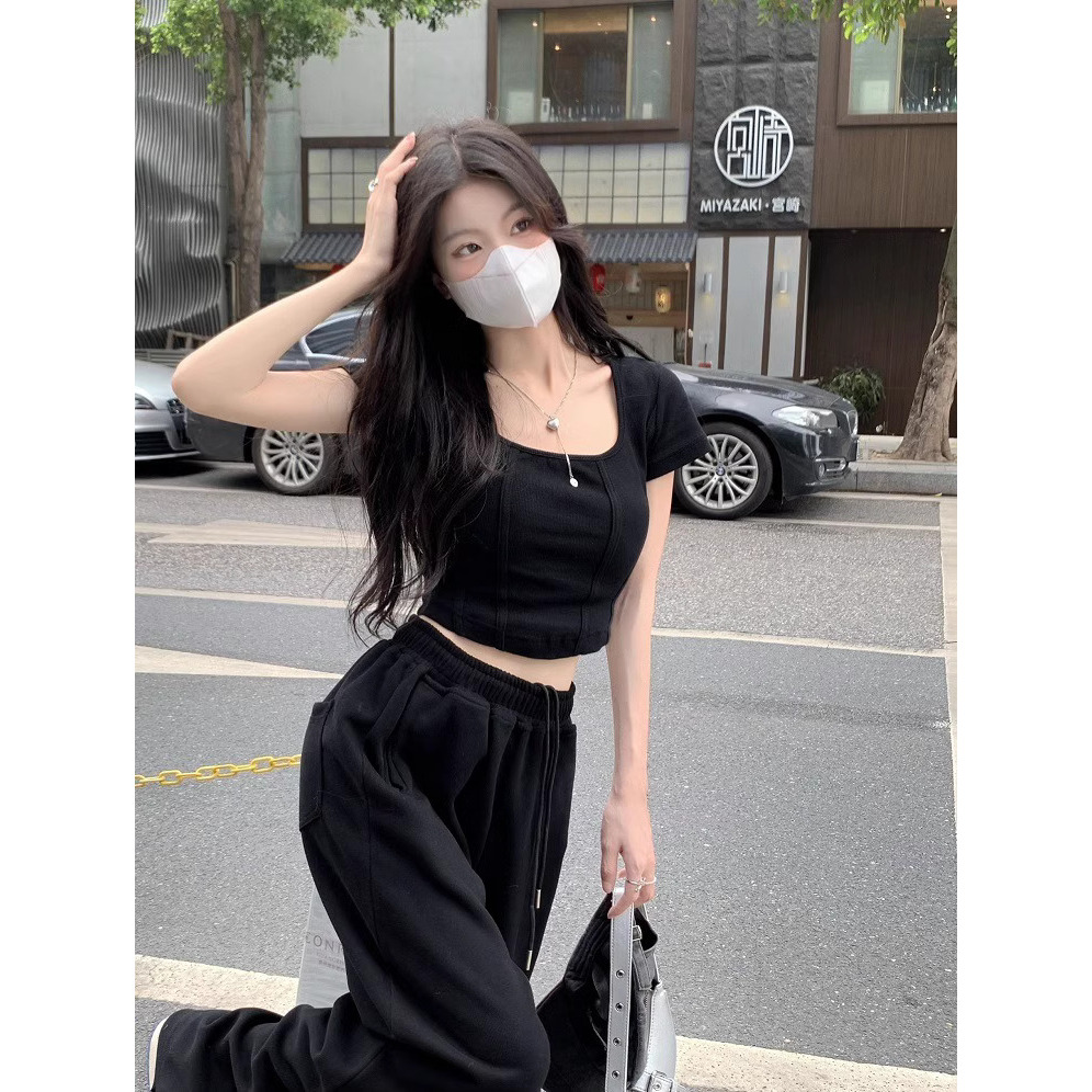 IL - Crop Top GLAM Garis Dua Alicia Crop Top Lengan Pendek Korean style