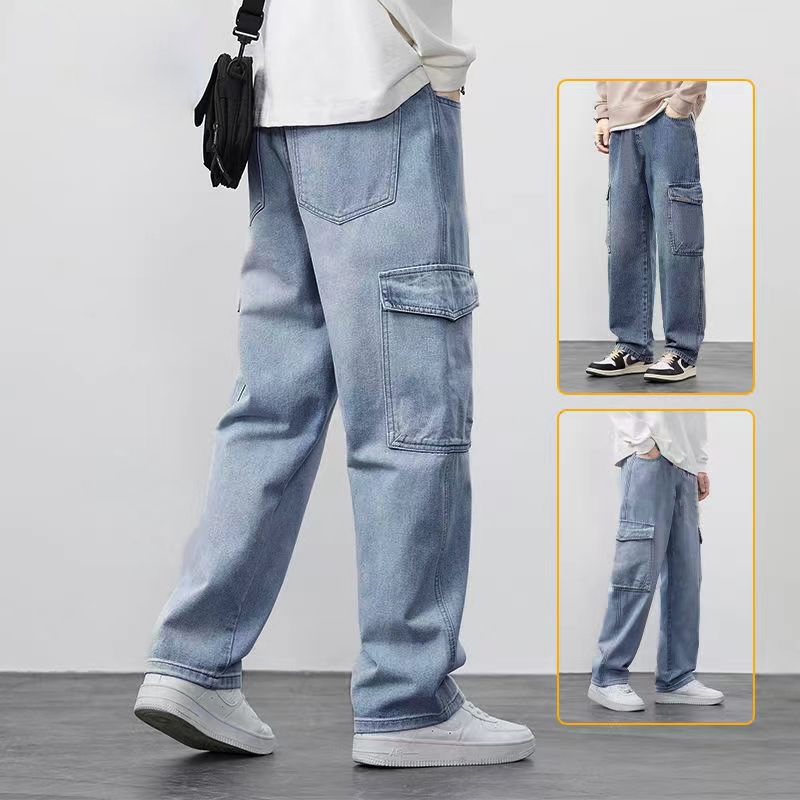 KeyBoy Celana Cargo jeans pria panjang cowok Korean style baggy pants kargo celana denim dewasa casual 2024