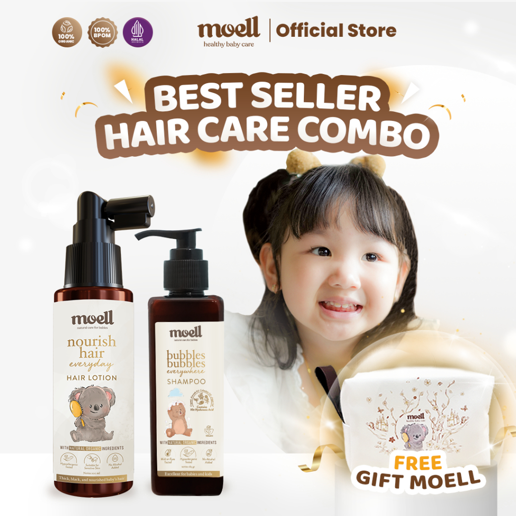 Moell Special Bundling Hair Lotion 100ml & Shampoo 185gr - Skincare Baby - Natural Organic + Exclusive Gift Moell
