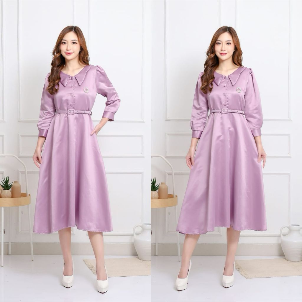 Emma.butik E00261 Midi Dress Satin Gaun Formal Wanita Polos Pesta Kondangan Casual Mewah Cantik