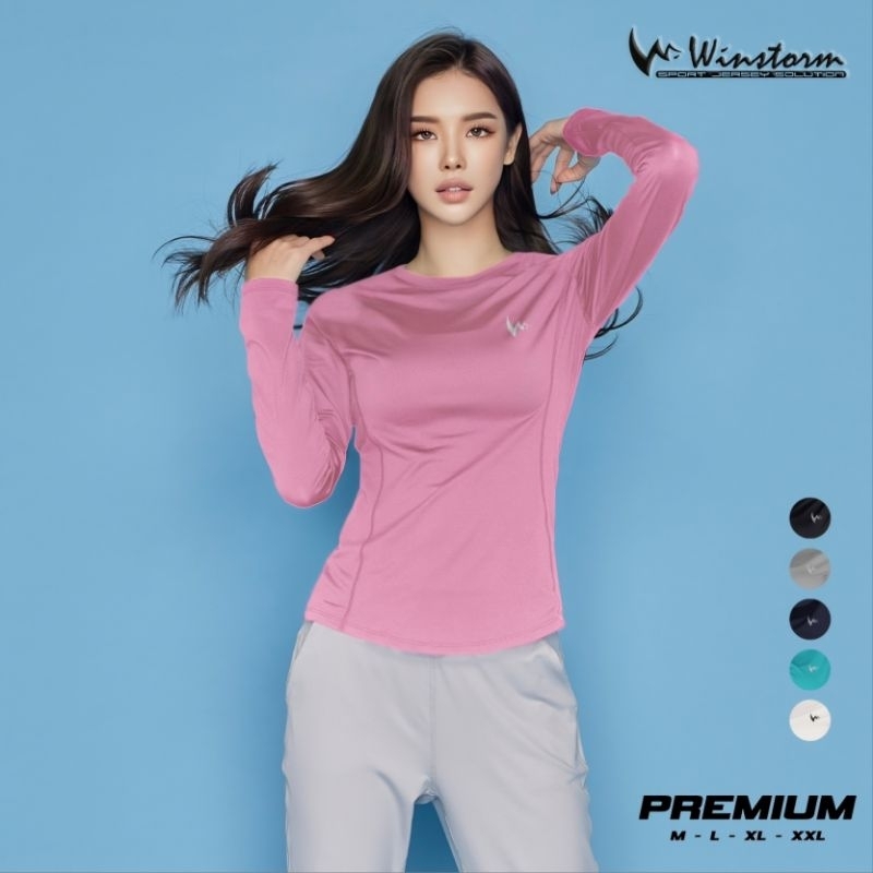 Winstorm Lengan Panjang Baju Olahraga Wanita Premium Muslim Dewasa Kaos Badminton Cewe Running Polos