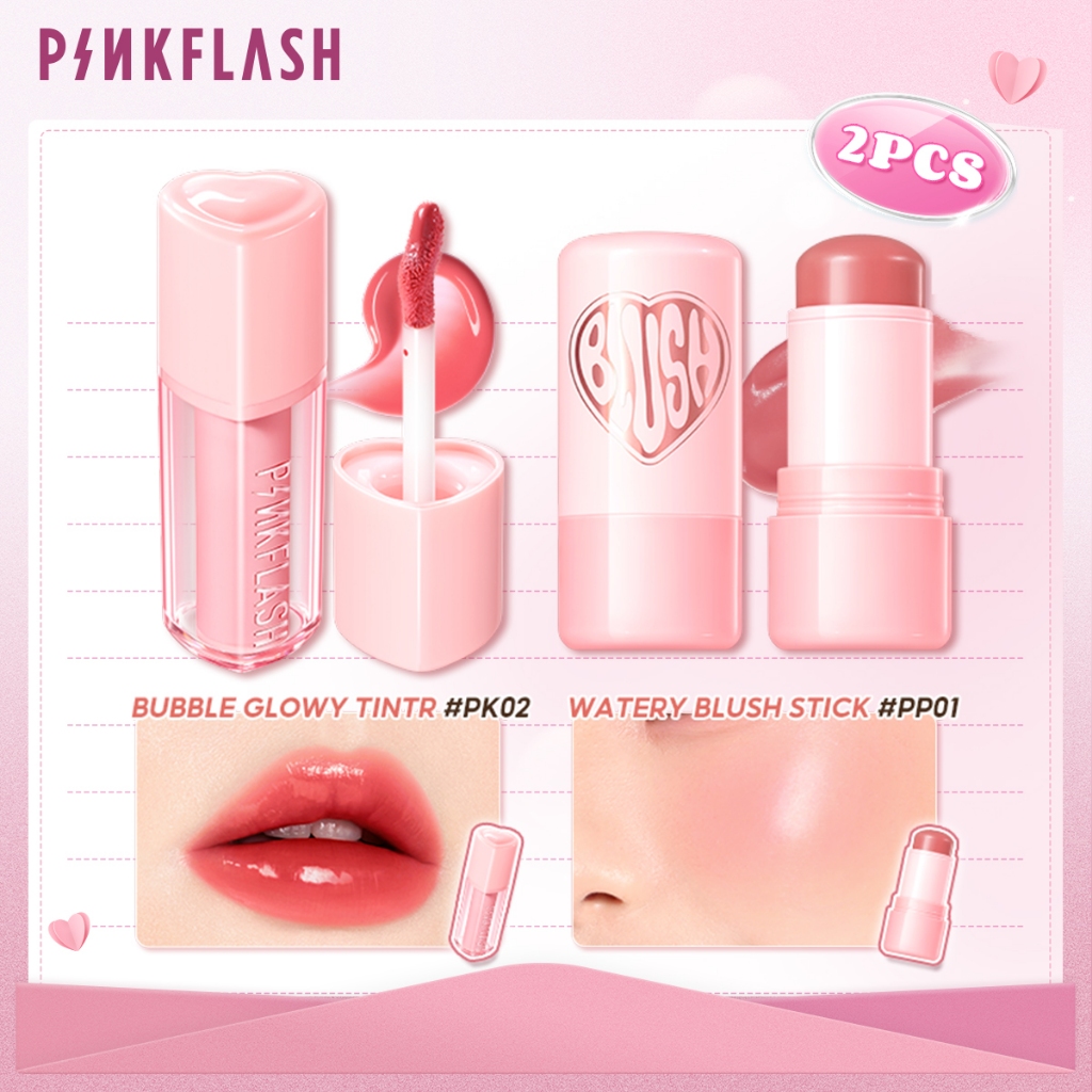 PINKFLASH Transferproof Bubble Glowy Tint Liptint Multi-Use Watery Blush Stick 2pcs Set