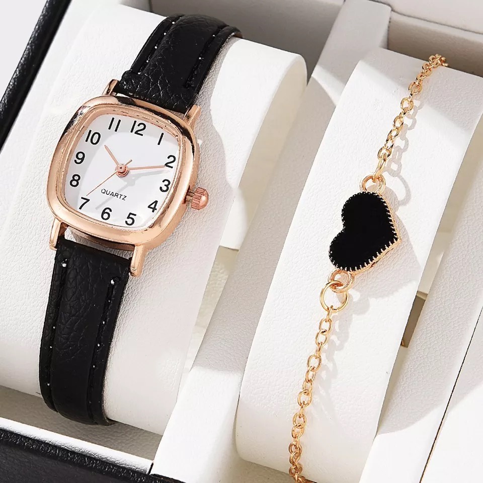 ENLIGNE - EL915 - Jam Tangan  Fashion Wanita Kotak Kecil Tali Kulit - Set Gelang Bonus Box Cantik