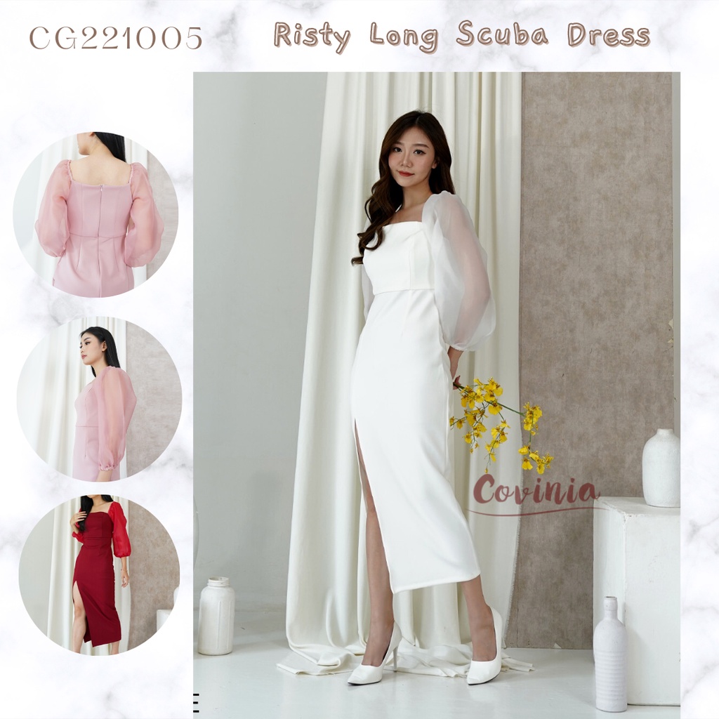 Risty Long Scuba Dress Organza Lengan Panjang Slit Maxi Gaun Irish - CG22100