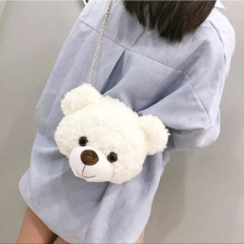 Tas Bulu Selempang Teddy Bear / Tas Boneka Kepala Teddy
