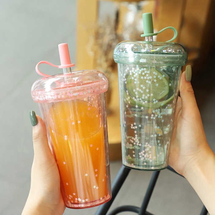 KKV SLADKO Lettering Glass Gelas Tumbler Sedotan Dengan Tutup 400ml