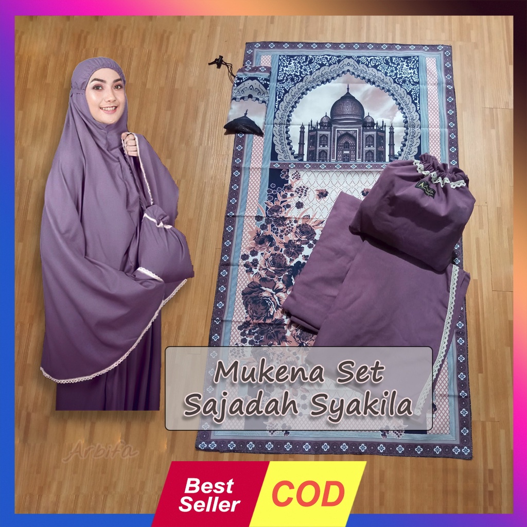 Full Set Mukena + Sajadah Syakila Dewasa Travel Series Katun Polos Renda Arbifa