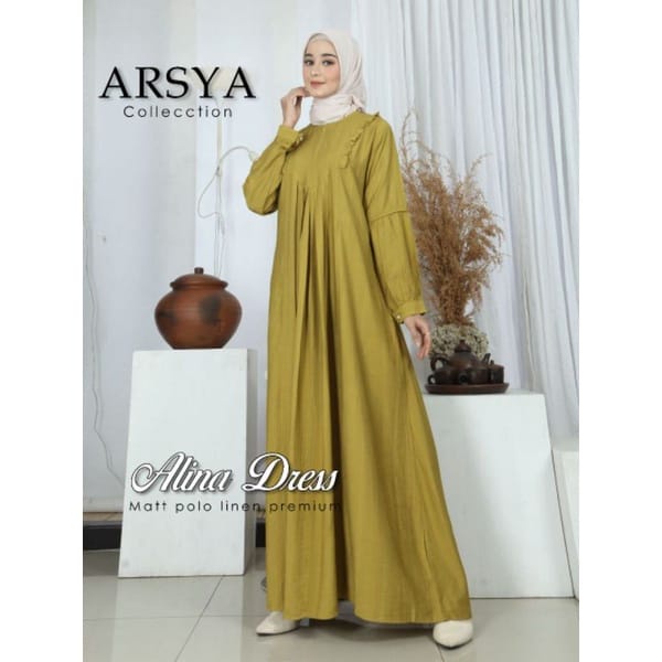 Dizzah Gamisku Alina Dress Gamis Bahan Polo Linen Model Terbaru Kekinian  Rp. 199.000.-