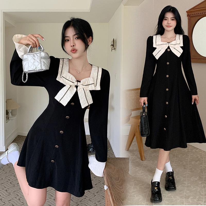 Hepburn Style Square Neck Bow Dress For Women In Autumn Black Retro Skirt D301